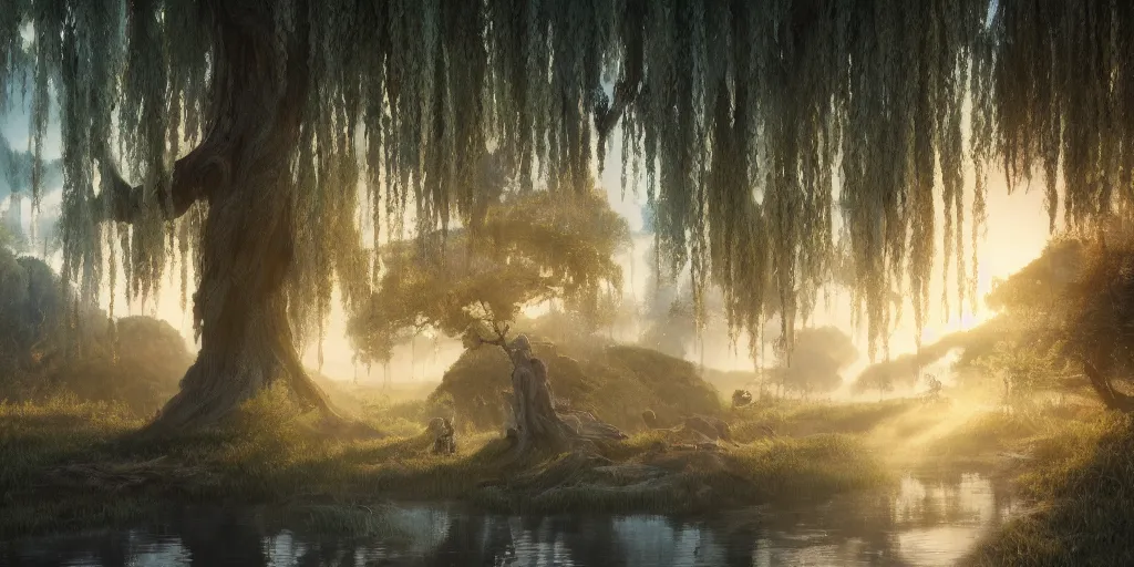 Image similar to willow tree, matte oil painting, highly detailed, hyperrealistic, cinematic, breathtaking, beautiful composition, Studio Ghibli, Dan Mumford, James Jean, volumetric lighting, octane render, trending on artstation