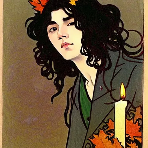 Image similar to painting of young cute handsome beautiful dark medium wavy hair man in his 2 0 s named shadow taehyung and cute handsome beautiful min - jun together at the halloween! party, bubbling cauldron!, candles!, smoke, autumn! colors, elegant, wearing suits!, clothes!, delicate facial features, art by alphonse mucha, vincent van gogh, egon schiele