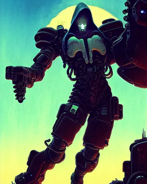 Image similar to reaper from overwatch, character portrait, portrait, close up, concept art, intricate details, highly detailed, vintage sci - fi poster, retro future, in the style of chris foss, rodger dean, moebius, michael whelan, and gustave dore