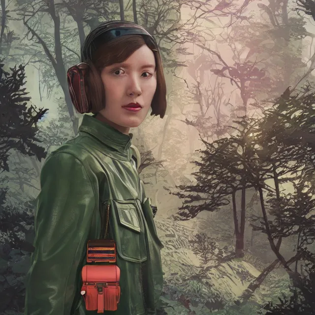 Image similar to portrait of alone androgynous girl wearing bakelite leather jacket, bakelite rocky mountains, moss green japanese haunted forest background, ultrafine hyperdetailed illustration by hsiao - ron cheng and artgerm, modular synthesizer 8 0 s sony stereo helmet backpack, the grand budapest hotel, glow, no crop, digital art, artstation, pop art