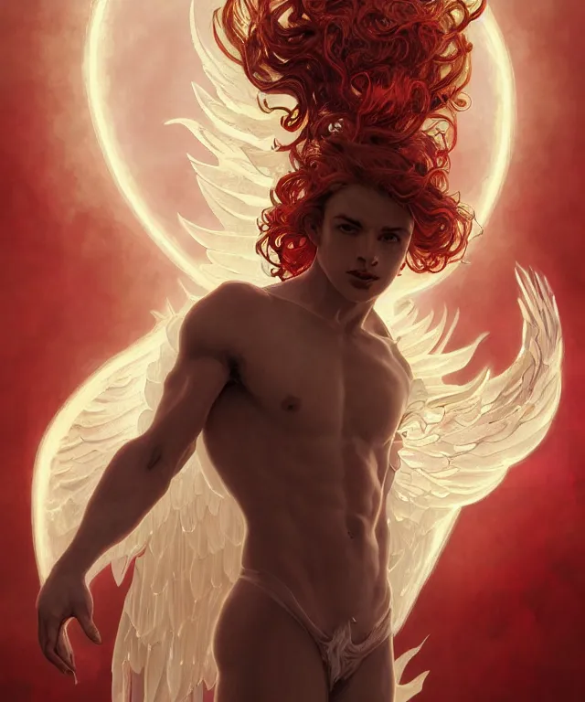 Image similar to symmetrical fullbody portrait of a beautiful young fit male angel with curly blond hairs, full dressed in long fluent red clothes, majestic big demon wings, luminous fire halo, by greg rutkowski and alphonse mucha, gradient white to gold, in front of an hellish background, highly detailed portrait, digital painting, artstation, concept art, smooth, sharp focus illustration