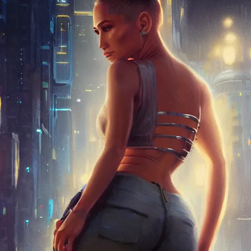 Image similar to highly detailed portrait jennifer lopez wearing shiny plastic crop top bladerunner, glistering skin, oiled, in gta v, stephen bliss, unreal engine, fantasy art by greg rutkowski, loish, rhads, ferdinand knab, makoto shinkai and lois van baarle, ilya kuvshinov, rossdraws, tom bagshaw,