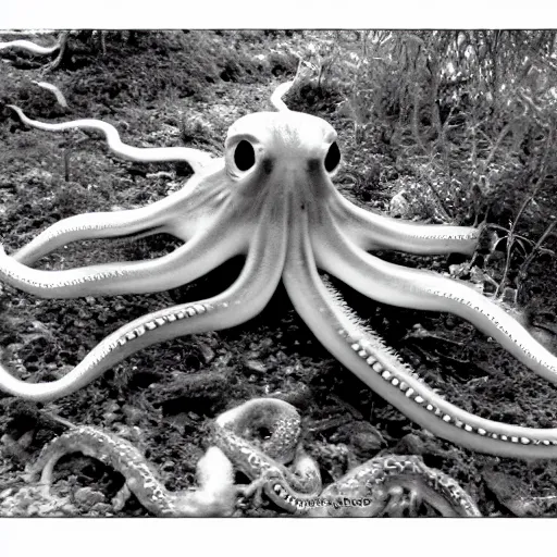 Image similar to octopus trailcam footage, grainy black and white, low quality, security camera