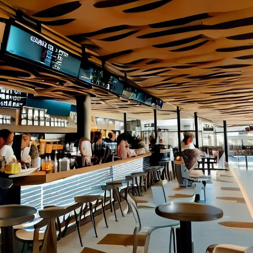 Prompt: an interior photo of modern cafe in an airport