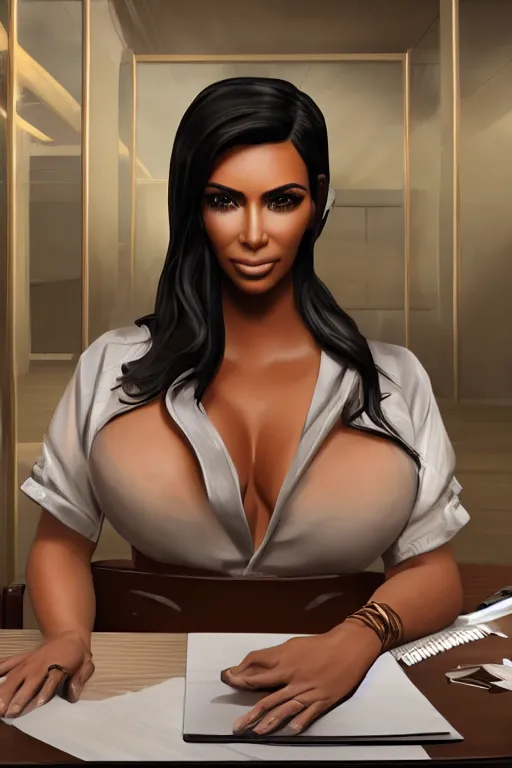 Image similar to kim kardashian sitting at a desk, big bust open shirt shirt, office interior, highly detailed, wide shot, intricate, cute, mystical, sharp focus, Trending on Artstation HQ, deviantart, unreal engine 5, 4K UHD image