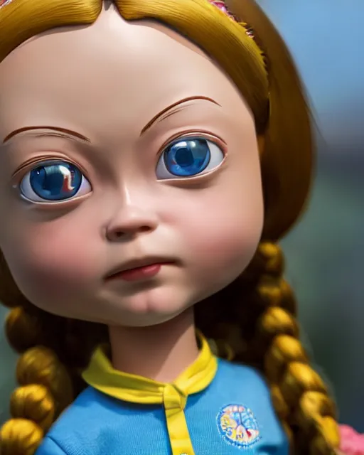 Image similar to highly detailed closeup, face profile portrait of a tin toy greta thunberg as an anime schoolgirl, bikini, depth of field, nicoletta ceccoli, mark ryden, lostfish, max fleischer, breathtaking, detailed and intricate environment, 8 k resolution, hyperrealistic, octane render