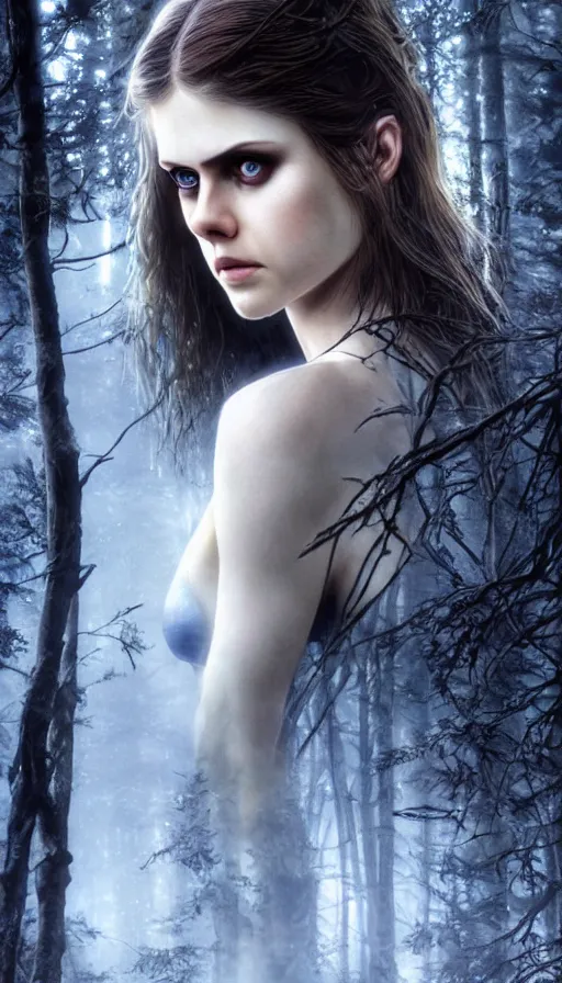 Image similar to photo of a gorgeous nordic female in a dark forest in, alexandra daddario face, realistic, sharp focus, 8 k high definition, insanely detailed, intricate, elegant, art by stanley lau and artgerm, luis royo, greg kutkowski