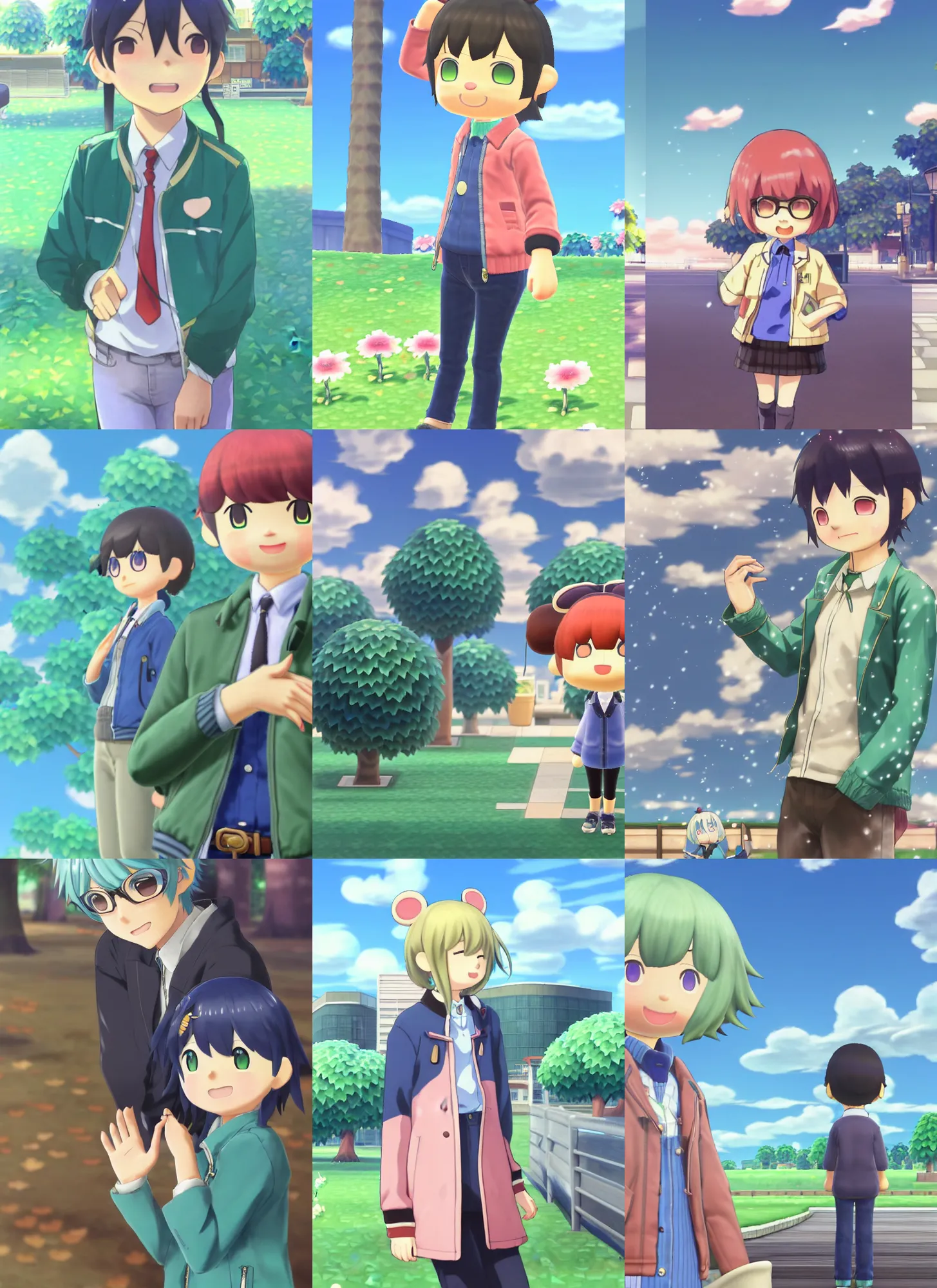 Prompt: beautiful anime art by Makoto Shinkai, Rating:g, Tags: jirafuru animalcrossing sasha(animal_crossing) highres, animal_ears aqua_hair blonde_hair blue_eyes blue_jacket blush character_name cowboy_shot green_background hand_up jacket letterboxed letterman_jacket long_sleeves looking_at_viewer male_focus multicolored_hair, personification rabbit_boy rabbit_ears rabbit_tail shortshorts shorts, smile, sparkle star(symbol), tail, two-tone_hair waving white_background white_shorts