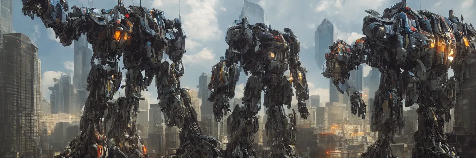 Image similar to a beautiful hyperrealistic ultradetailed 3D render of a gigantic mecha standing behinder the city, by brian sum and stephen martiniere and Antonio Manzanedo. mech, octane render, PBR, 3D, brilliantly colored, intricate, wide angle, volumetric lighting, polished, path tracing