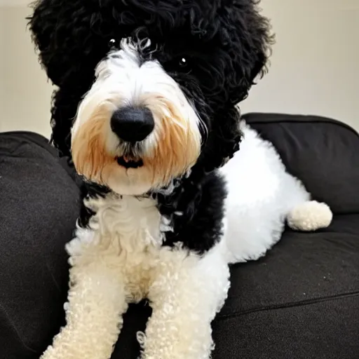 Prompt: black 8 year old bernadoodle with a white chest wearing a birthday hat