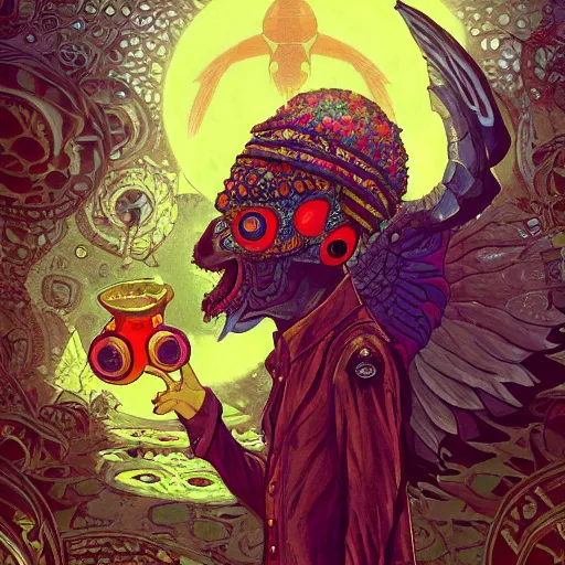 Image similar to 8K centered headshot Portrait of a psychedelic godlike mothman posing with a cigar with giant mandala wings smoking a hand-rolled cigarette smoking heavily , magic mushroom village in background , post-processing , award winning. superb resolution. in the art style of Satoshi Kon and Greg Rutkowski , Detailed Mushroom city in background , Hyper realistic anime , Perfect art , Dalle2