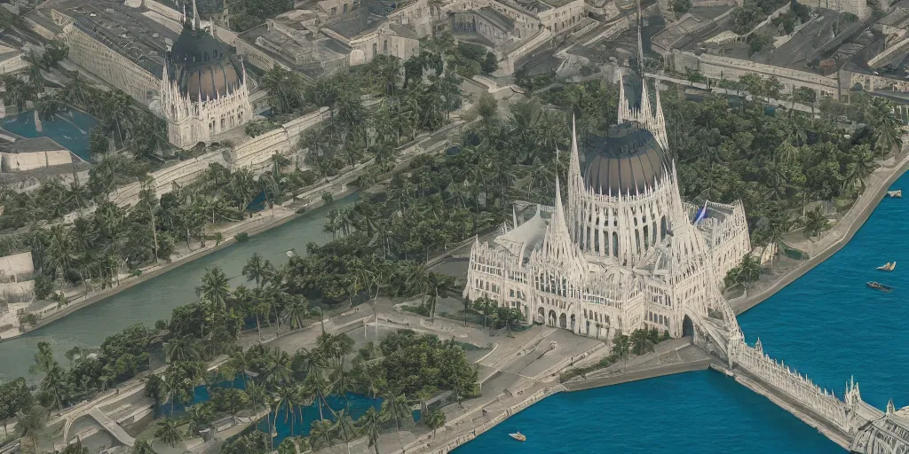 Image similar to hungarian parliament underwater-beach, palm trees behind, aerial shot, real photography, unreal-engine, 4k, highly detailed, trending on ArtStation, CGSociety