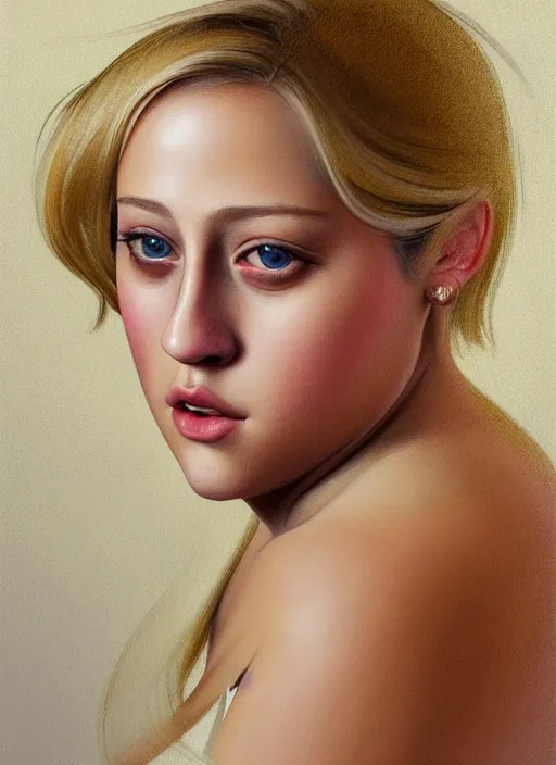 Image similar to full body portrait, teenage lili reinhart, blonde hair, obese, bangs, ponytail, sultry, realistic, sultry smirk, fluffy bangs, curly bangs, fat, belly, intricate, elegant, highly detailed, digital painting, artstation, concept art, smooth, sharp focus, illustration, art by wlop, mars ravelo and greg rutkowski