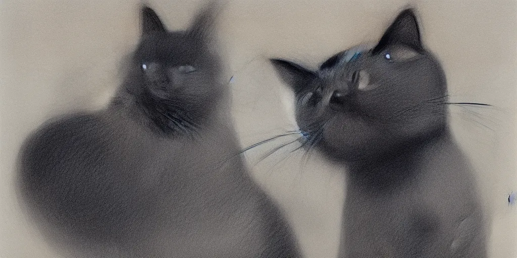 Prompt: a detailed drawing of a surprised black cat, behind a smurf, modulated line