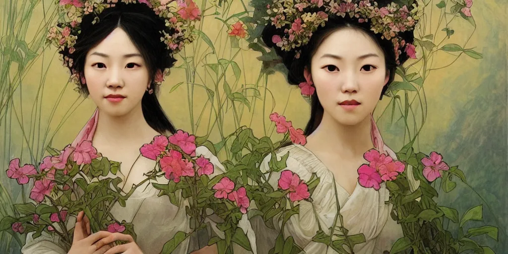 Image similar to a portrait of a very beautiful Asian young woman with giant flowers behind her head, looks like Tang Wei, in the style of WLOP and Alphonse Mucha and Ross Tran, realistic, seductive, closeup, facing the camera, dramatic lighting