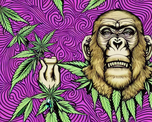 Image similar to psychedelic ornamental baroque bored ape wearing marijuana bandana, opensea