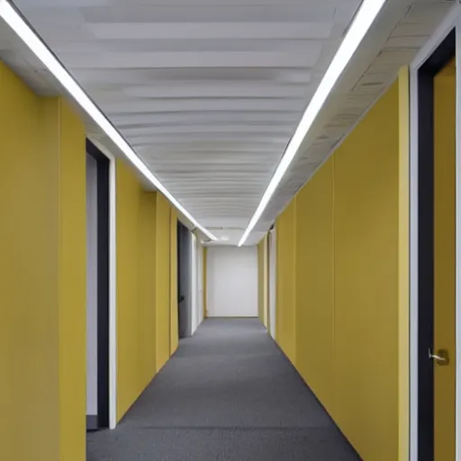 Prompt: liminal office hallway, pale yellow walls, pale yellow carpets, off-white ceiling, warm light