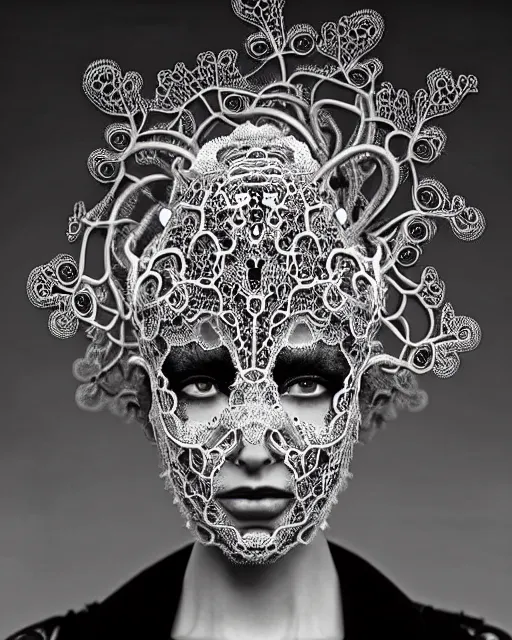 Image similar to surreal black and white photo portrait of complex bio-mechanical beautiful young female vegetal-cyborg with a Mandelbrot fractal metal fine lace face, curled silver hair, 150 mm lens, soft rim light, fine metal floral foliage super big lace collar by Alexander McQueen, high fashion, haute couture, rococo, steampunk, silver filigree details, anatomical, facial muscles, cable wires, microchip, elegant, hyper realistic, octane render, unreal engine, volumetric lighting, 8k,