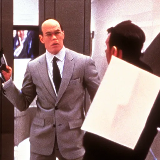 Image similar to film still, Oswald Spengler in American Psycho suits