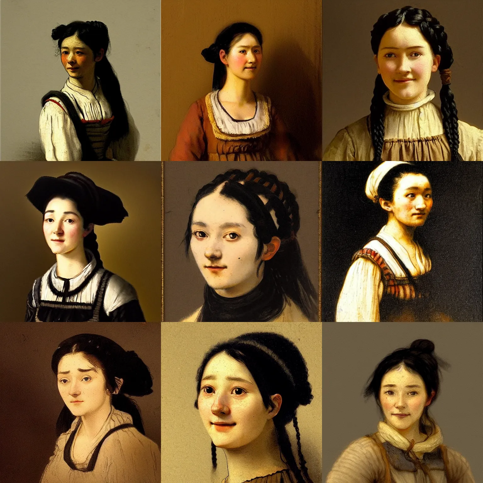 Prompt: a sadly smiling black haired, young hungarian peasant woman from the 19th century who looks very similar to Lee Young Ae with a hair braid, detailed, high contrast, shadows, concept art by Rembrandt and Thorma János