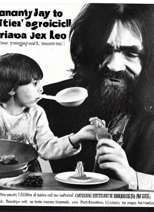 Image similar to vintage pharamaceutical magazine advertisement depicting charles manson feeding jello to children