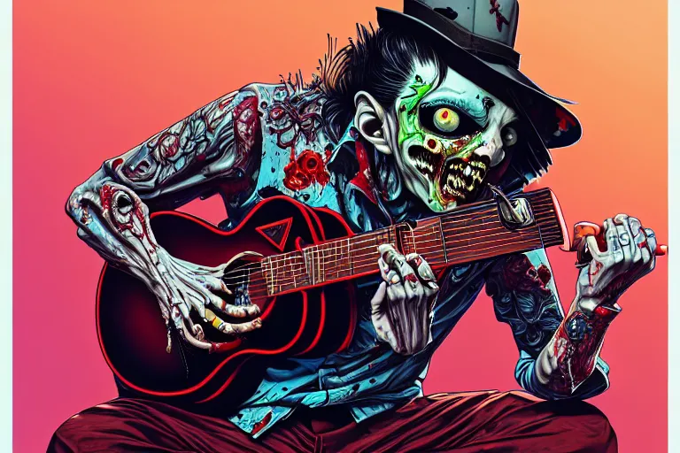 Prompt: zombie punk playing acoustic guitar, tristan eaton, victo ngai, artgerm, rhads, ross draws, intricated details, 3 / 4 view, full body portrait