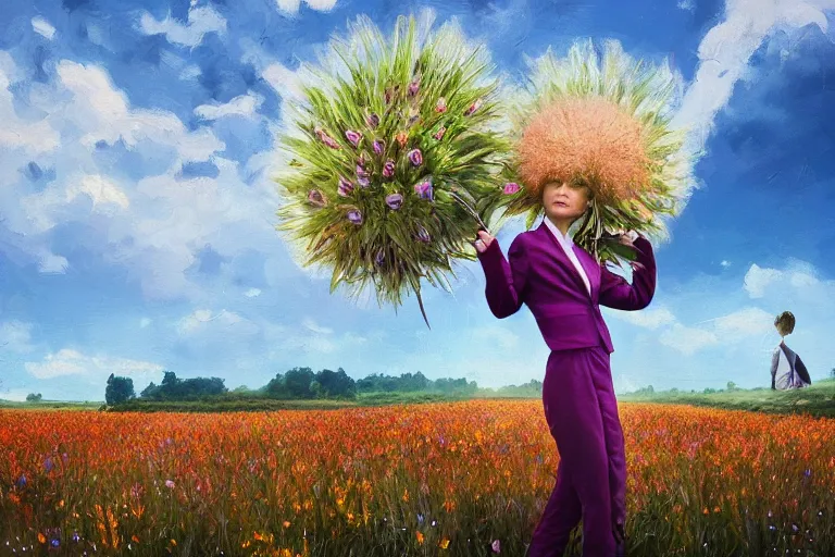 Prompt: gigantic thistle flower under head, a girl in a suit in field of flowers, surreal photography, sunrise, blue sky, dramatic light, impressionist painting, digital painting, artstation, simon stalenhag