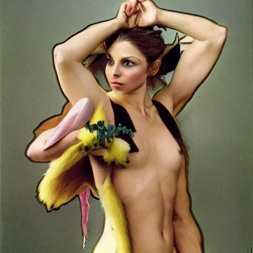 Prompt: elegant muscular woman dressed up as pikachu art photo by Annie Liebovitz and Alphonse Mucha