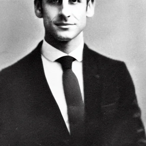 Image similar to photograph of emmanuel macron, male, 1 9 0 0 s, 1 9 1 0 s, grainy, slightly blurry, faded, realistic face