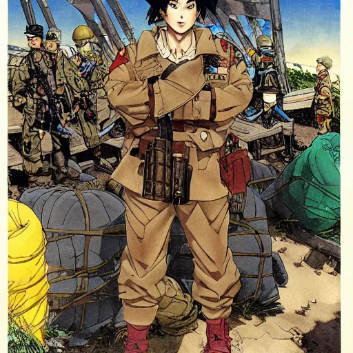 Image similar to anime style, marvel japan coloring, side portrait of a girl, trench and sandbags in background, soldier clothing, norman rockwell, tom lovell, alex malveda, jack kirby, greg staples