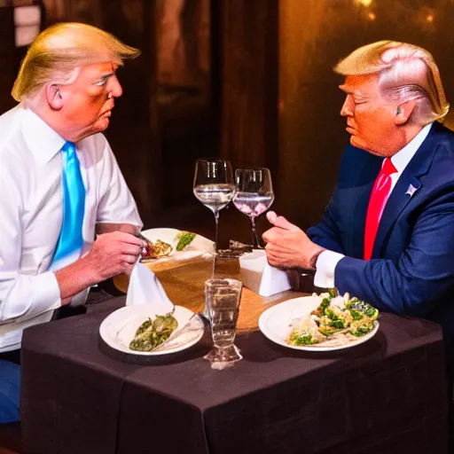 Image similar to Trump and Biden having dinner at a fancy Balinese restaurant, award winning photography, 85mm, perfect faces