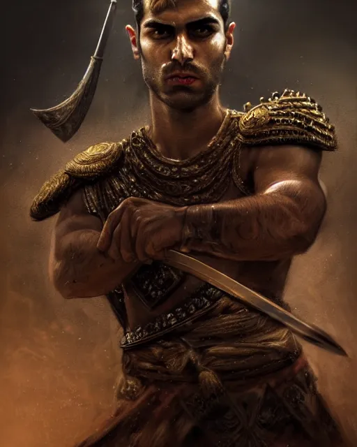 Image similar to portrait of a Persian Prince fighting at war, warrior, brutal battle, handsome prince, shaved face, without beard, attractive young man, shaved face, heroic pose, dramatic lighting, dark and horror, action and tragedy, dust and blood, intricate, wild, highly detailed, digital painting, artstation, concept art, smooth, sharp focus, illustration, art by artgerm and greg rutkowski and alphonse mucha, footage from space camera