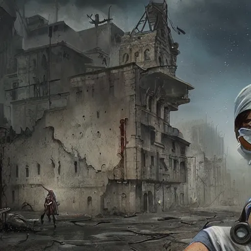 Image similar to a nurse with short sleeves and a mask on during an apocalyptic city, Matte painting , detailed painting, greg rutkowski