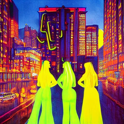 Image similar to neon yellow by peter elson calm. the photograph is a beautiful work of art. the three graces are depicted as beautiful young women, each with their own unique charms. the photograph is full of color & life, & the women seem to radiate happiness & joy.