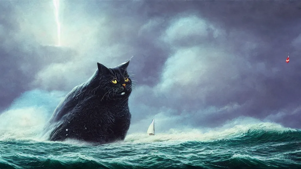 Image similar to a gigantic cat bursting out of a stormy sea attacking a small sail boat, wet fur, giant waves, sunbeams in background, intricate, detailed, volumetric lighting, sharp focus, scenery, photorealism, digital painting, highly detailed, concept art, by roger dean and simon stalenhag and mark brooks