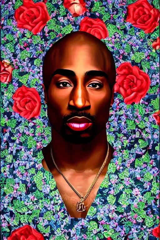 Prompt: Tupac, portrait by Kehinde Wiley!!, roses, oil paint on canvas,
