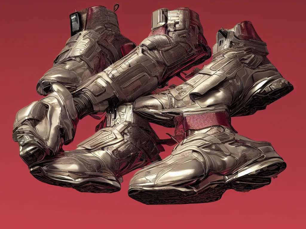 Prompt: realistic 3 d render of a cyberpunk android foot wearing sneakers, beautiful studio lighting, soft, sharp focus, neon cyberpunk highlights, intricate detail, gold and red accents, soft rubber, octane render, side view, close up, trending on artstation, deviantart, art by syd mead and issey miyake