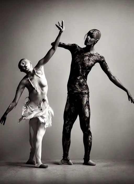 Image similar to expressive potrait photo of male and female butoh dancers dancing with cloth, glamour shot, by jenny saville, by stefan gesell, photorealistic, canon r 3, fashion photography, hyper maximalist, elegant, ornate, luxury, elite, environmental portrait, symmetrical features, octane render, unreal engine, solid dark grey background, dramatic lights