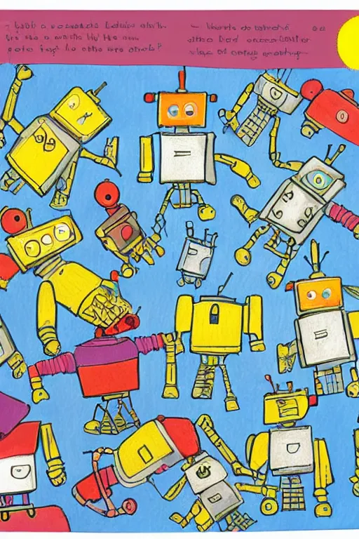 Image similar to children's book illustration of robots doing activities by margret rey