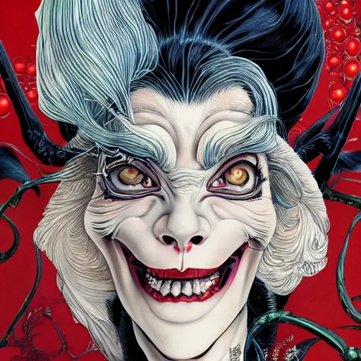 Image similar to portrait closeup of crazy cruella de vil, symmetrical, by yoichi hatakenaka, masamune shirow, josan gonzales and dan mumford, ayami kojima, takato yamamoto, barclay shaw, karol bak, yukito kishiro