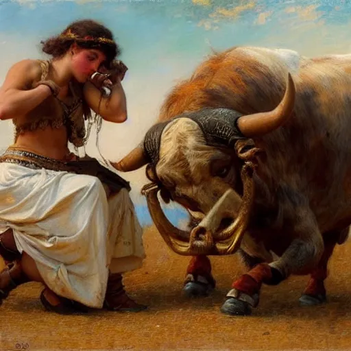 Prompt: a young girl giving the last blow to a dying bull, the girl is covered in the bull's blood, highly detailed painting by gaston bussiere and j. c. leyendecker 8 k