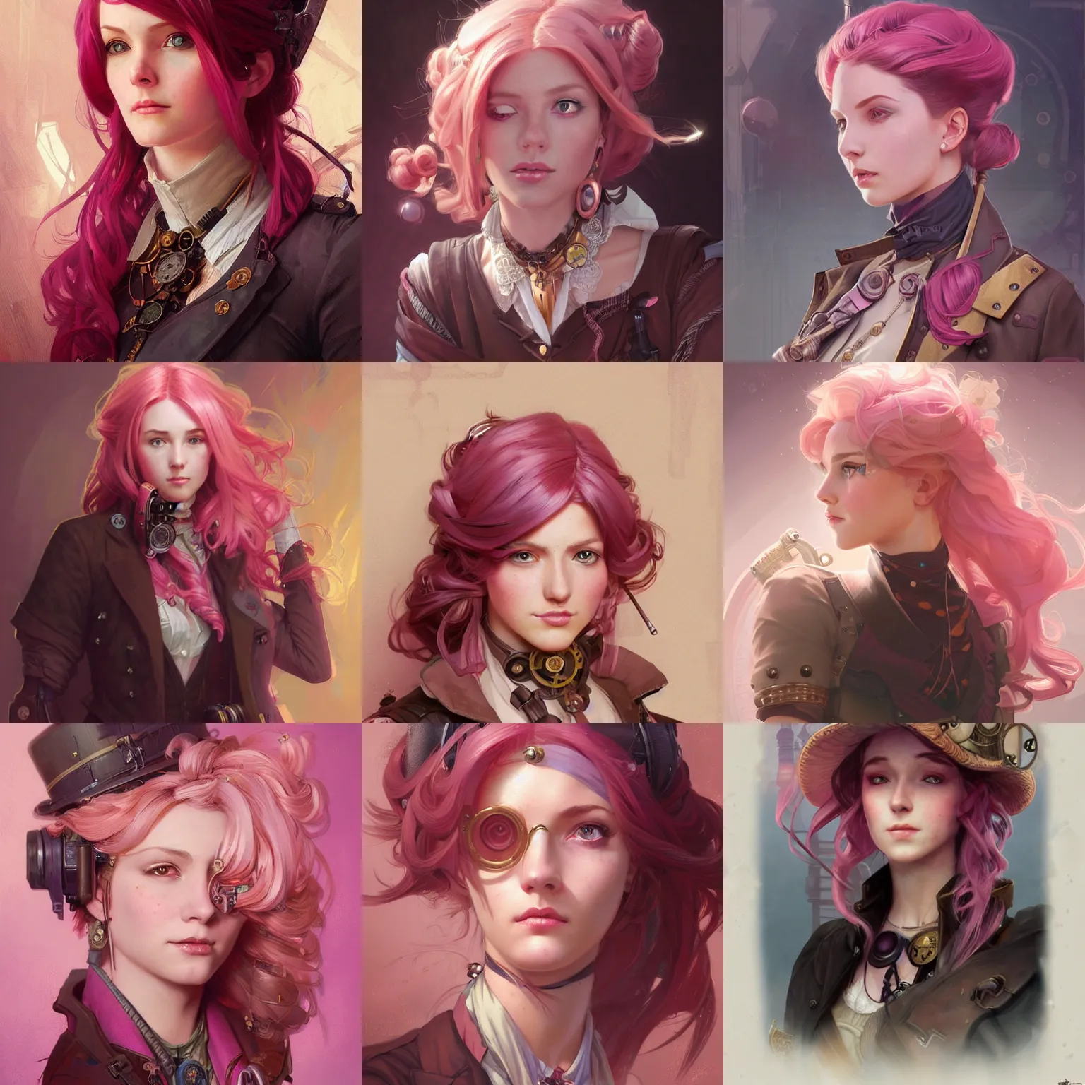 Prompt: steampunk inventor girl, pink hair, portrait, highly detailed, digital painting, artstation, concept art, sharp focus, illustration, art by artgerm and greg rutkowski and alphonse mucha