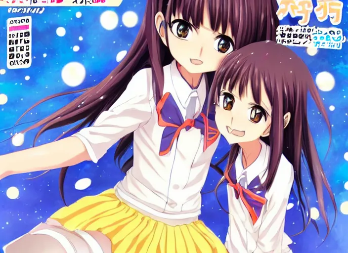 Image similar to ; weekly shonen jump issue 1 4, cover, 2 0 0 0 clannad shuffle toheart event'anime pattern of illustration japanese very very beautiful cute girls doing cute things trending on artstation pixiv makoto shinkai smiling super heterochromia detailed eyes eyebrowless symmetry face visual novel hairpin star