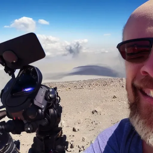 Image similar to the last selfie taken by an alien! in an apocalypse volcano in the background hd cinematic epic 8 k