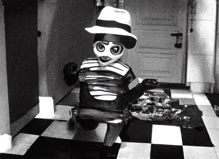 Image similar to film still of hamburglar in a 1 9 8 0 s slasher movie