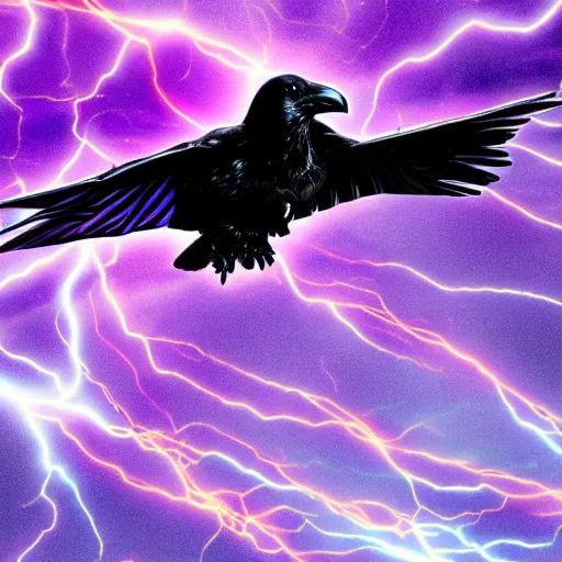 Prompt: raven flying through purple lightning bolts with a dark background in a cyberpunk style