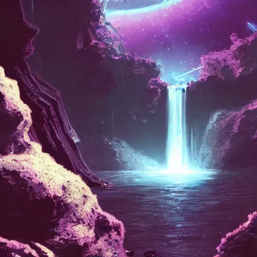 Prompt: waterfall in asteroid field, purplish blueish space in background, ultra detailed, artstation award winner, digital painting, 8k, vibrant, detailed water
