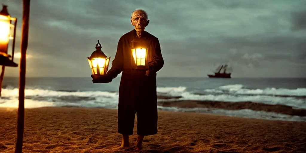 Image similar to film still of closeup old man holding up lantern by his beach hut at night. pirate ship in the ocean by emmanuel lubezki