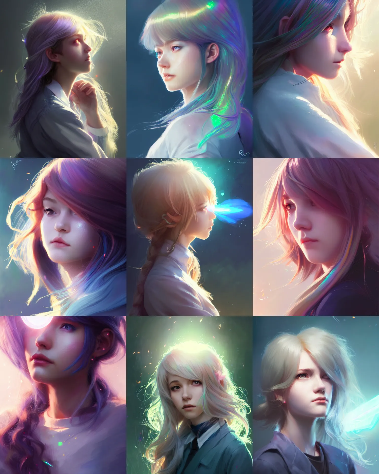 Prompt: side portrait of an innocent lost college girl, magic school uniform, light iridescent hair color, large messy hair style, fantasy, intricate, sharp focus, lens flare, bloom, rim light, illustration, highly detailed, digital painting, concept art, matte, art by ruan jia