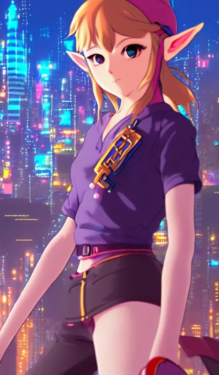 Image similar to anime fine details portrait of Zelda in front of cyberpunk moder city landscape on the background deep bokeh, close-up view, anime masterpiece by Studio Ghibli. 8k, sharp high quality anime, artstation